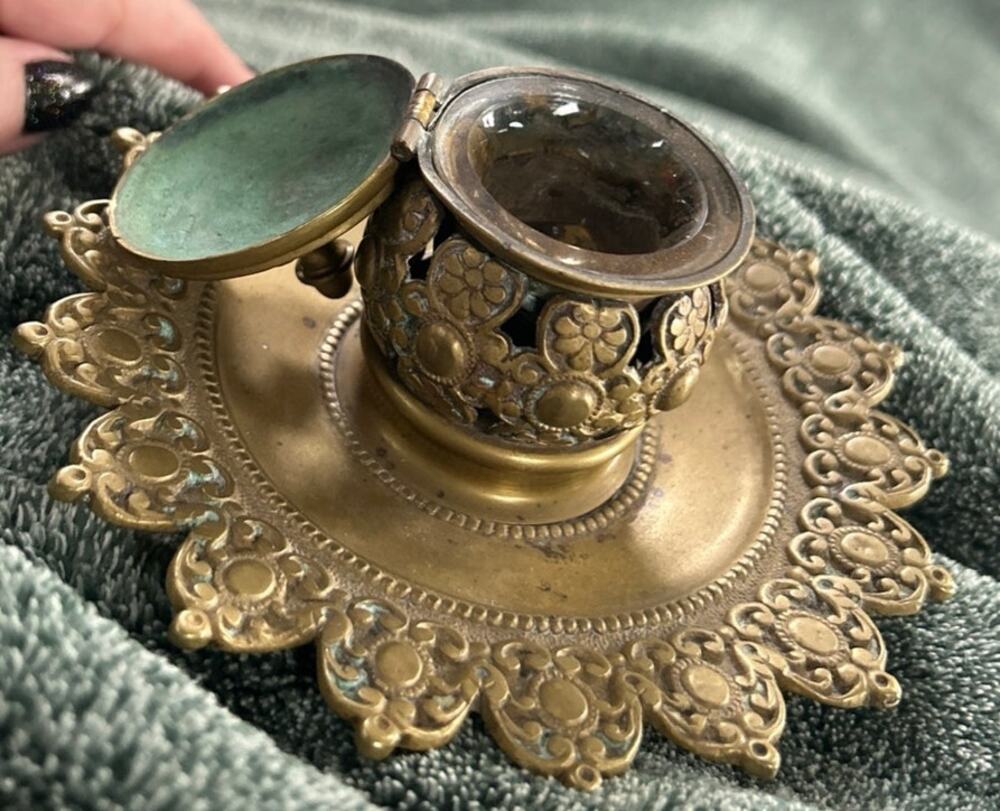 Ornate Brass Inkwell Antique Art Nouveau with Original Glass Insert